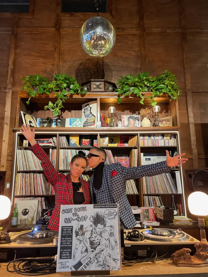 A listening room lined with records