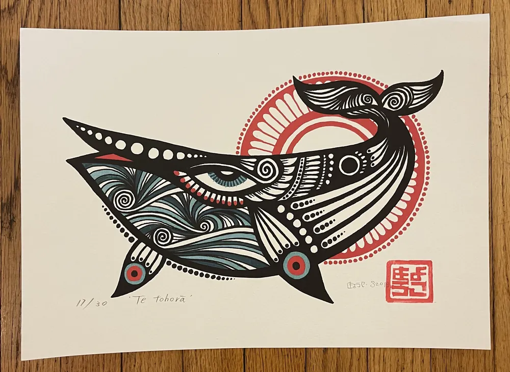 Te tohorā, hand-pulled lino print